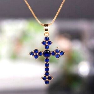 18k Gold Plated Midnight Blue Sapphire Cross Pendant Necklace